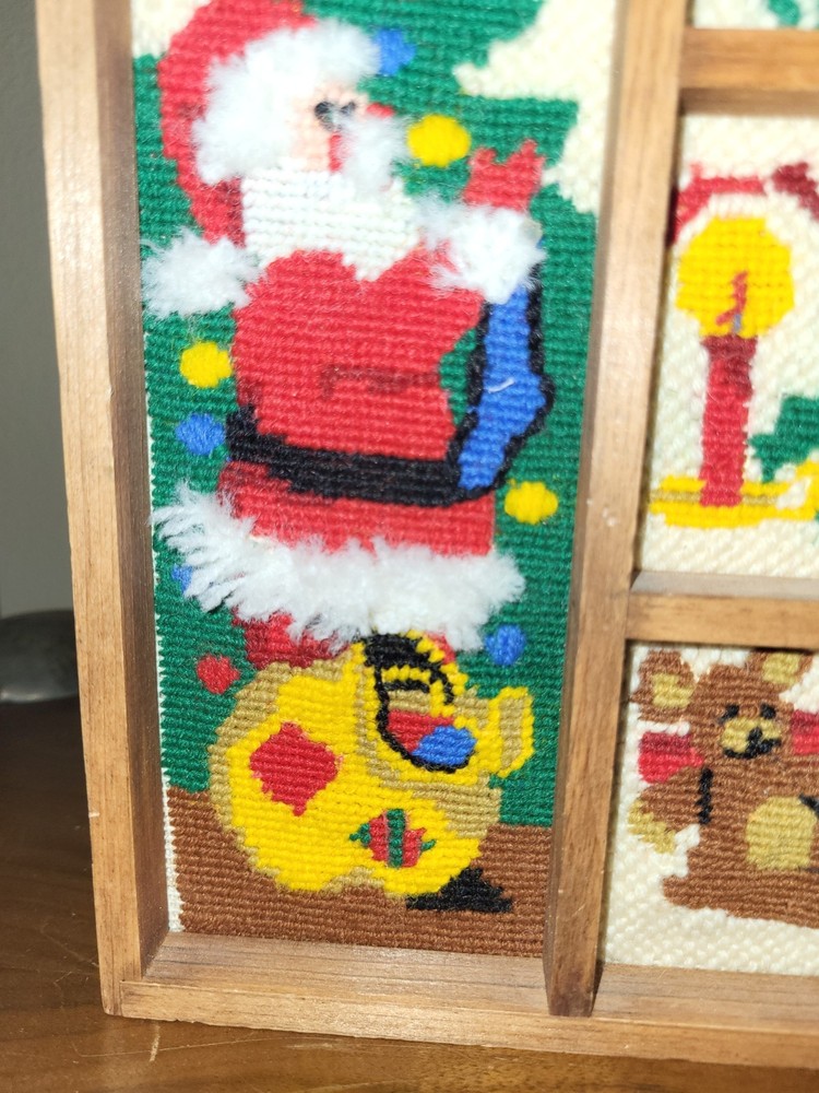 Vintage Christmas Needlepoint Shadow Box Rare Completed