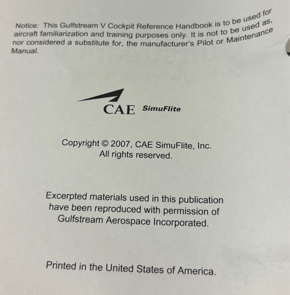 Gulfstream V plane Cockpit Reference Handbook (CAE SimuFlite, 2007) binder/GUC