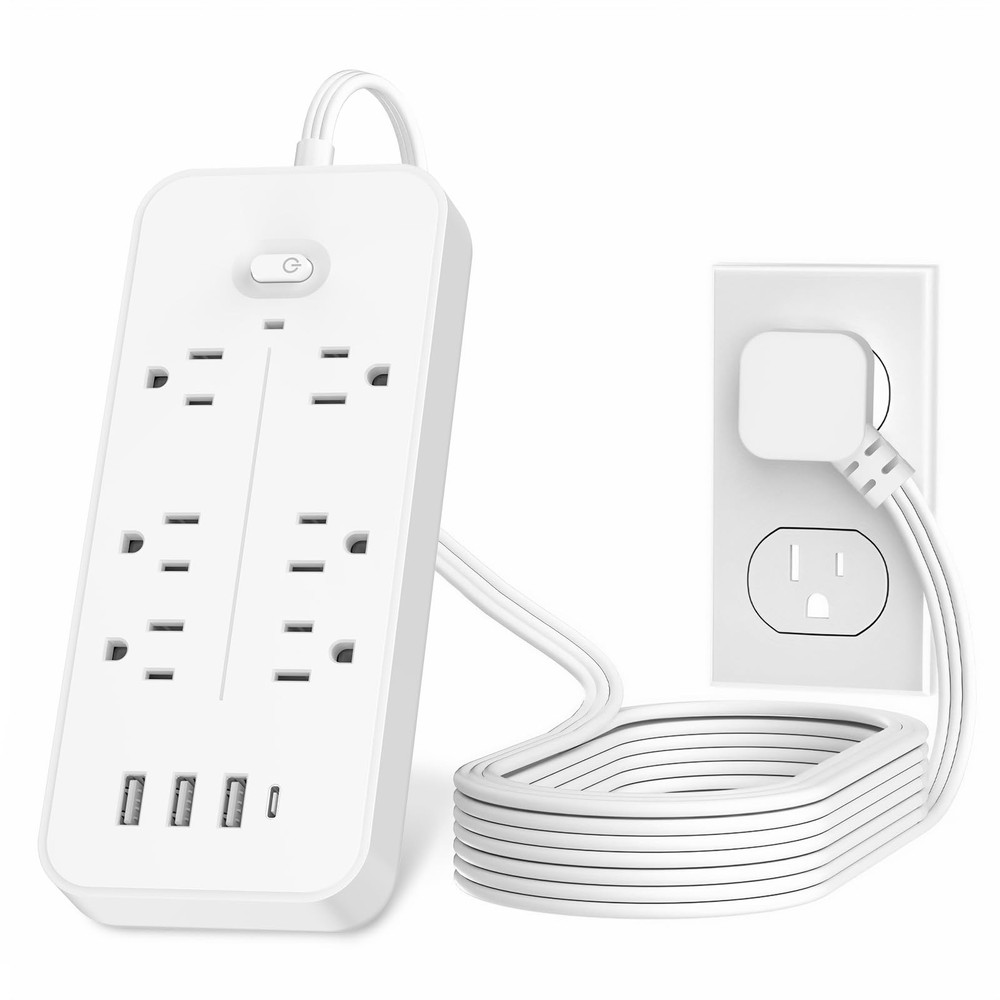 Power Bars Surge Protector 6 Outlets 4 USB Flat Plug Extension Cord Wall Mount