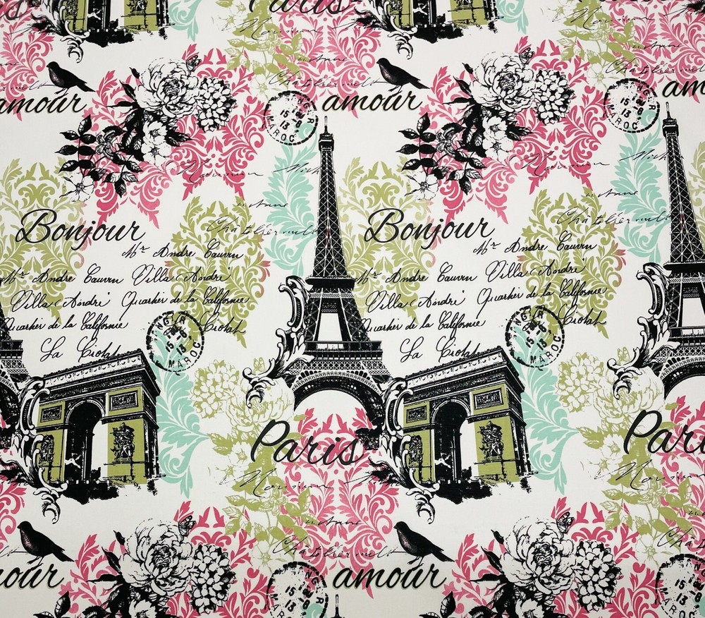 RICHLOOM CREPE DIVA PINK EIFFEL TOWER PARIS SCRIPT MULTIUSE FABRIC BY YARD 54"W