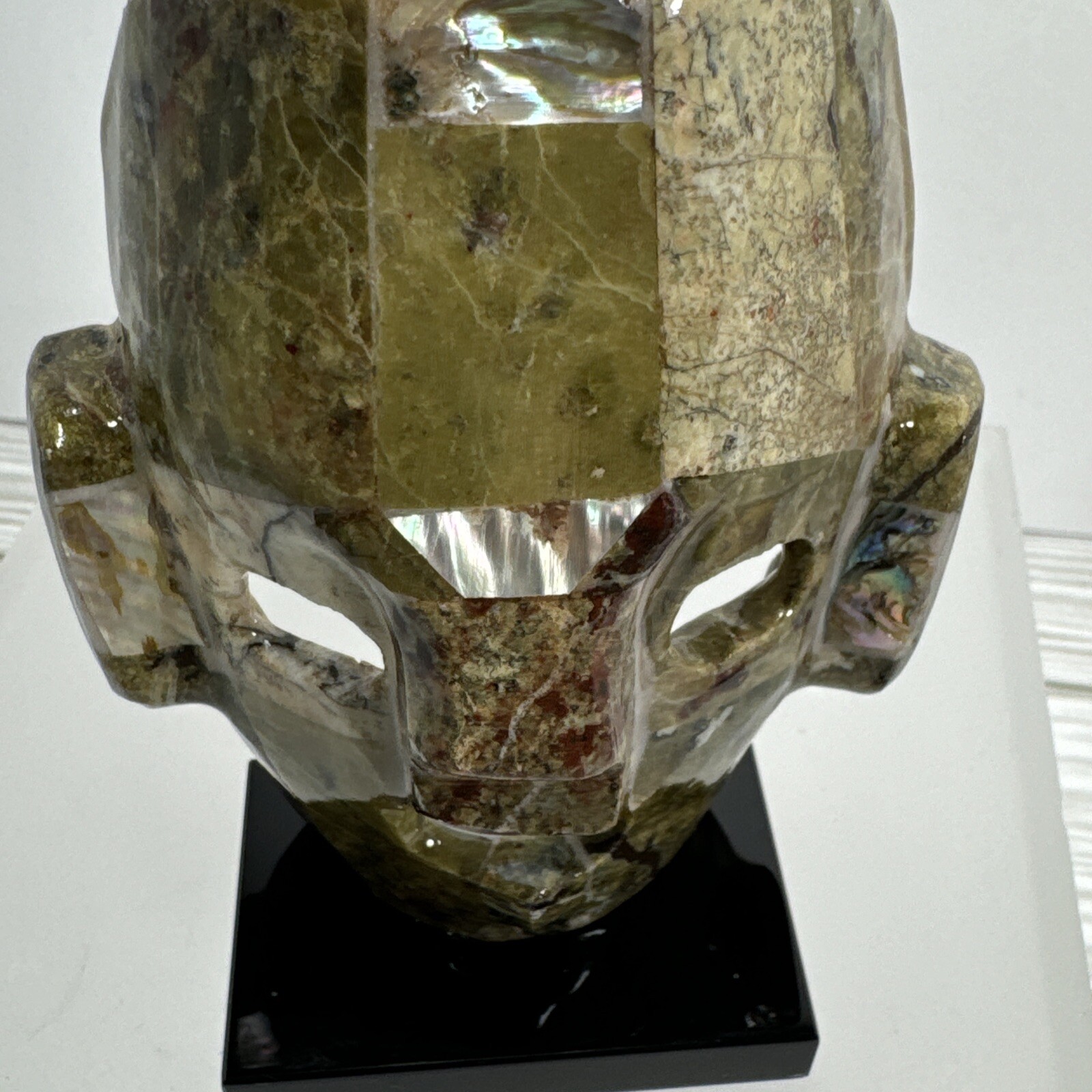 Mexican Mayan Tribal Burial Face Mask Green Stones Mixed Abalone Shell Onyx Base