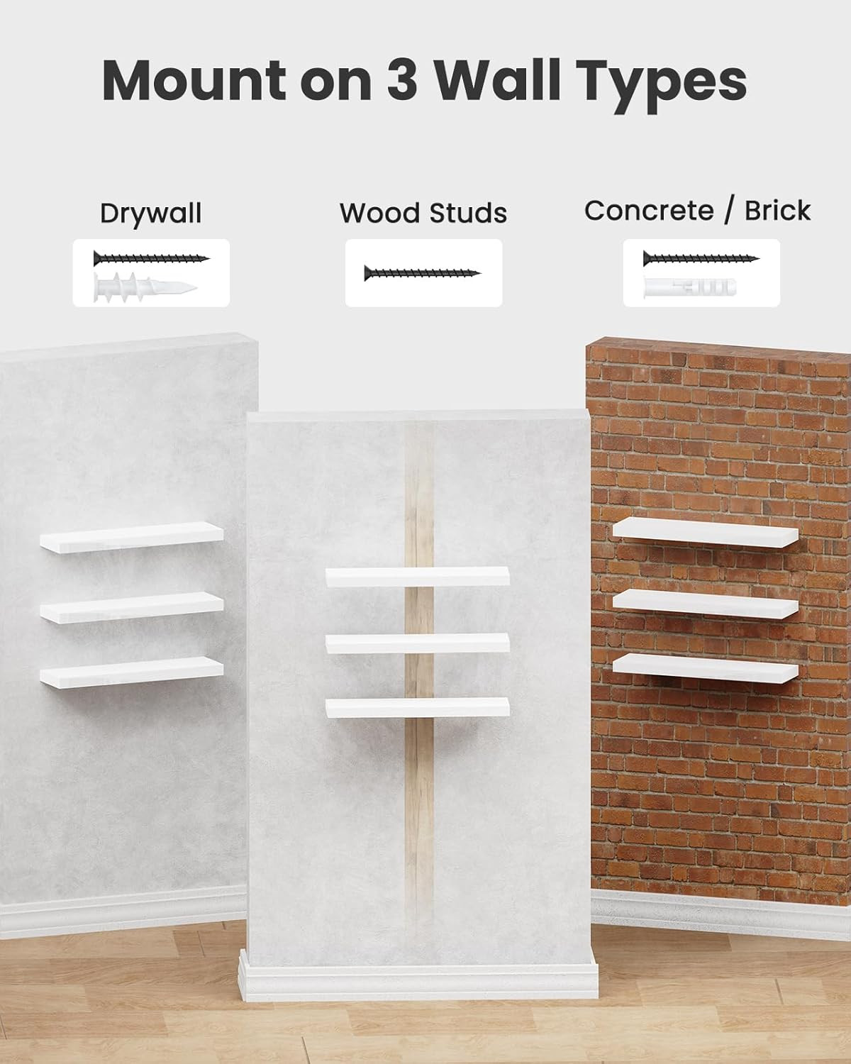 Floating Shelves Wall Mounted White – Set of 3 Shelves with Invisible Brackets
