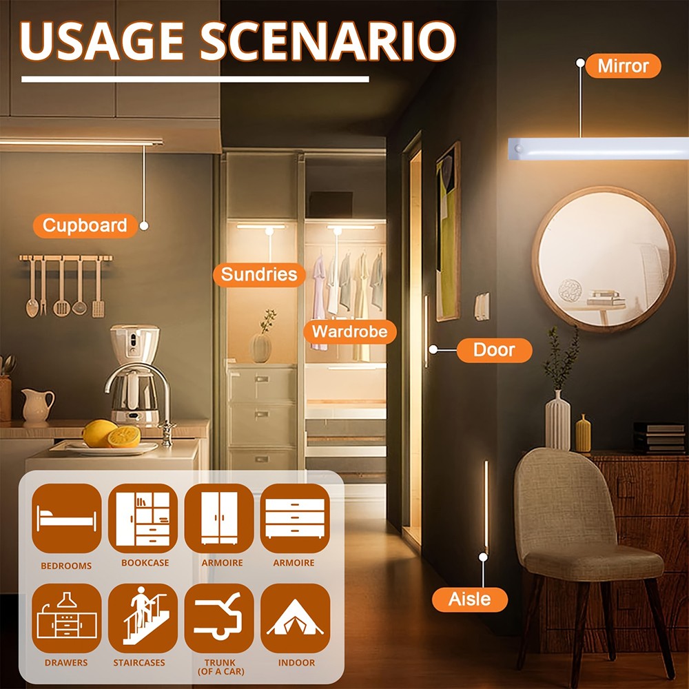 4Ppcs 30CM LED Under Cabinet Lights Rechargeable Motion Sensor 3 Color Dimmable
