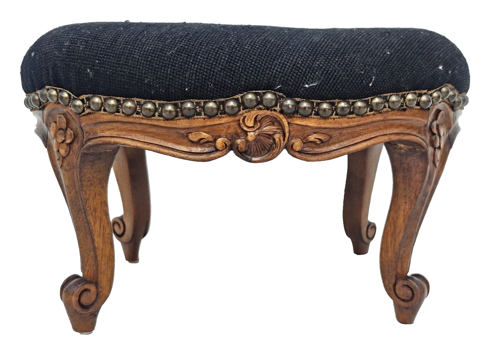 Antique 1930s French Louis XV Footstool – Carved Wood Cabriole Legs Needlepoint