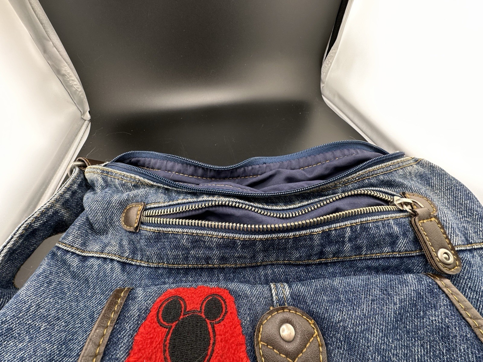 Vtg Mickey Mouse Disney 1990s Dark Denim Jean Purse Bag Patches Zippers READ