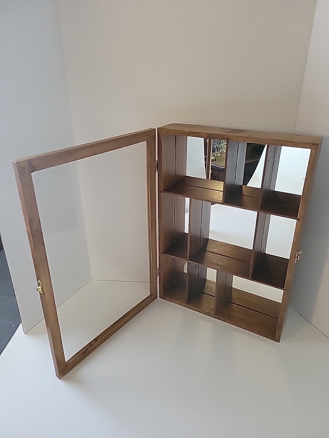 Vtg. Wood/Glass Mirrored Display Cabinet Case-Miniatures Collectibles-Hanging