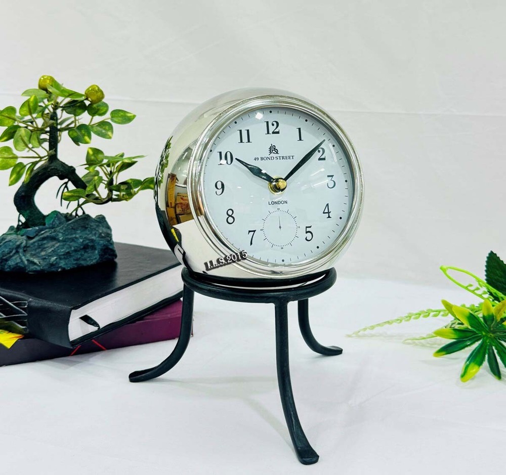 Nautical Silver & Black Aluminium Table Clock, Silver Round Clock With Black Sta