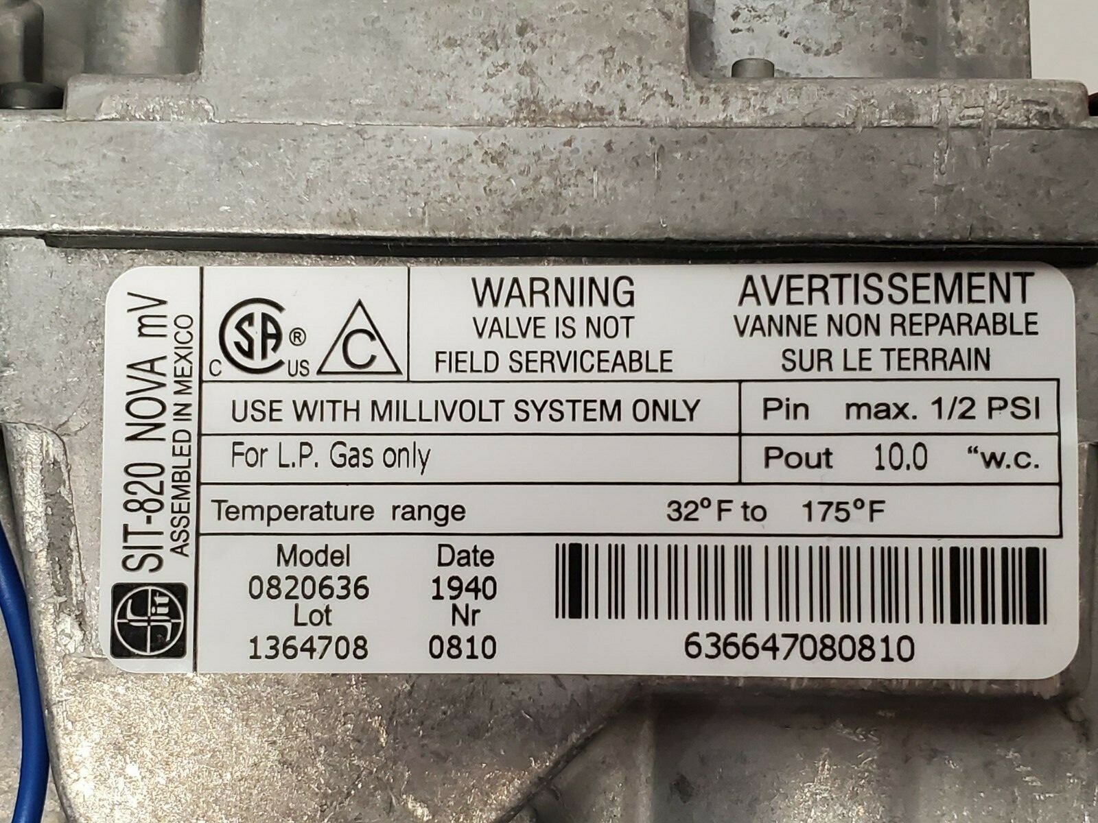 SIT Nova 820 Propane Valve 0820636 LP Gas Only Millivolt Fireplace Vent Free