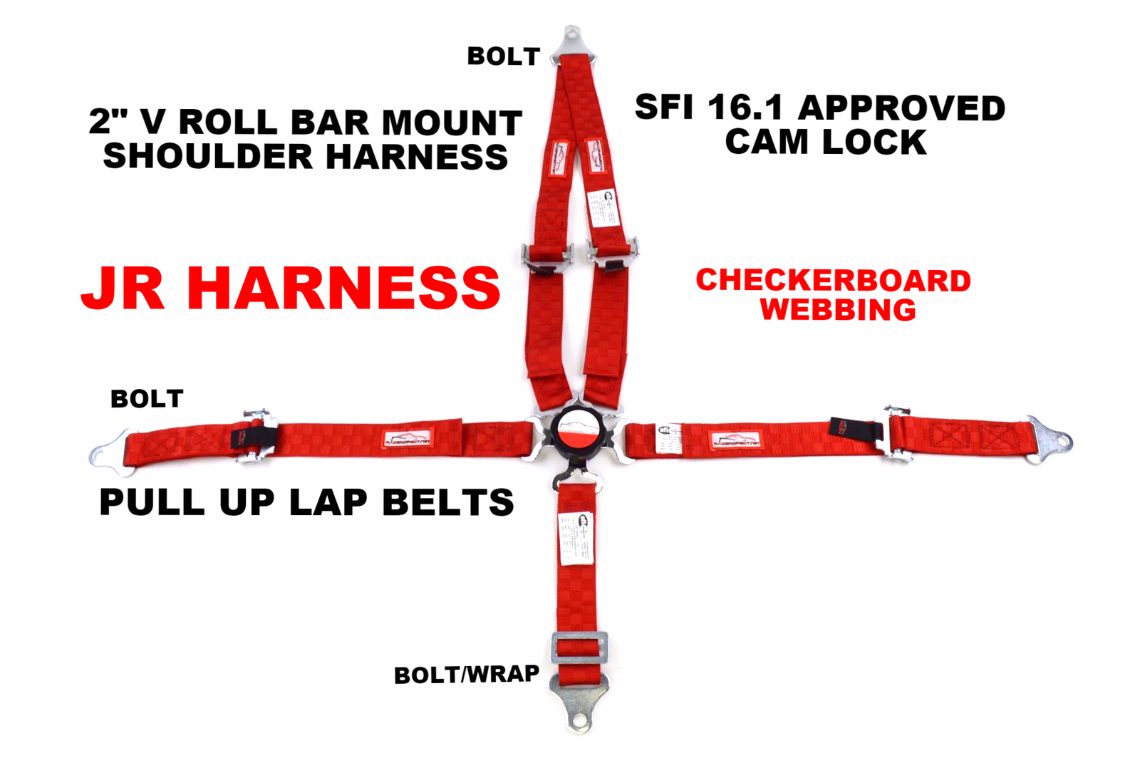QUARTER MIDGET RACING HARNESS 5 PT CAM LOCK 2" SFI 16.1 V MOUNT CHECKERBOARD