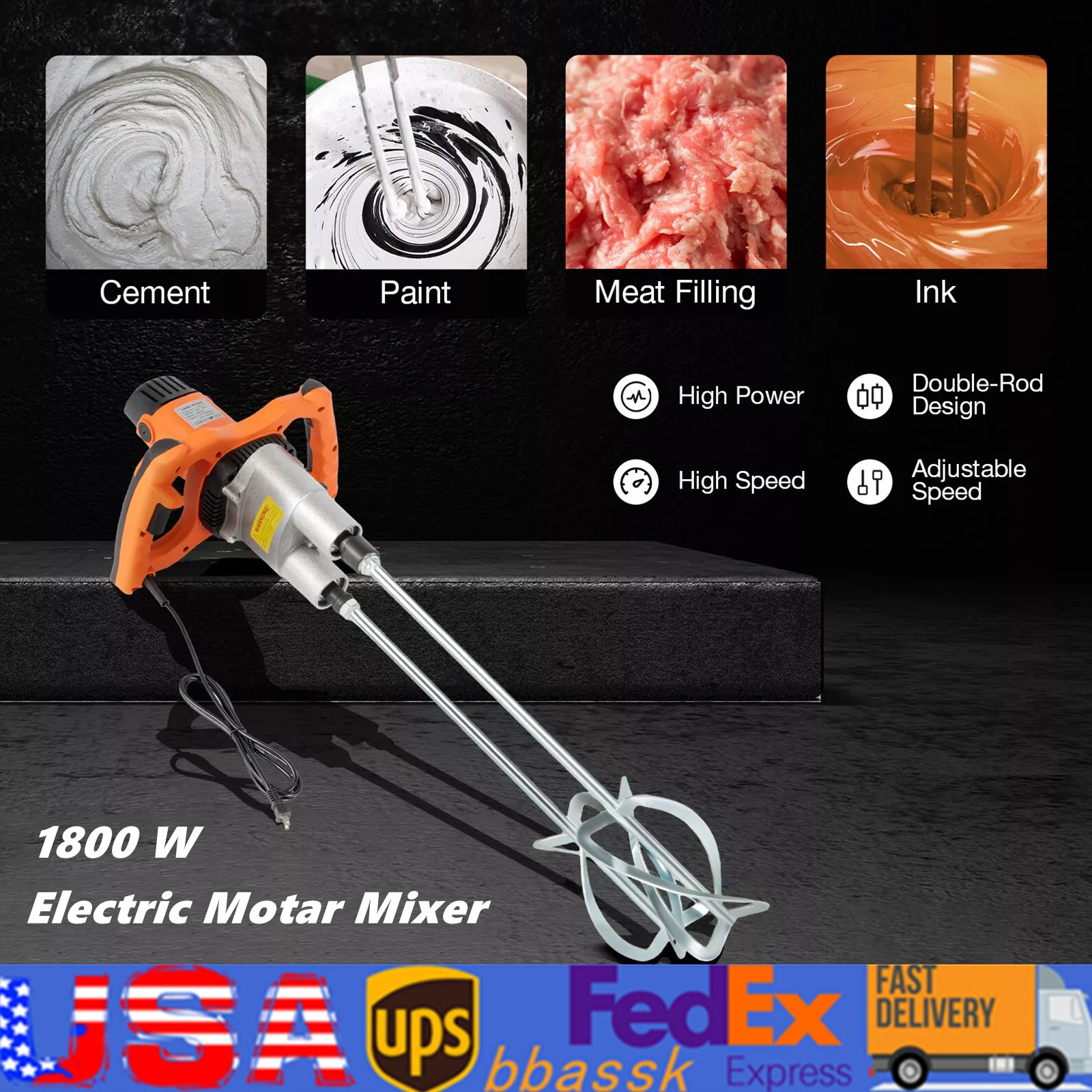 1800W Handheld Electric Concrete Cement Mixer with Two Rods Double Paddle