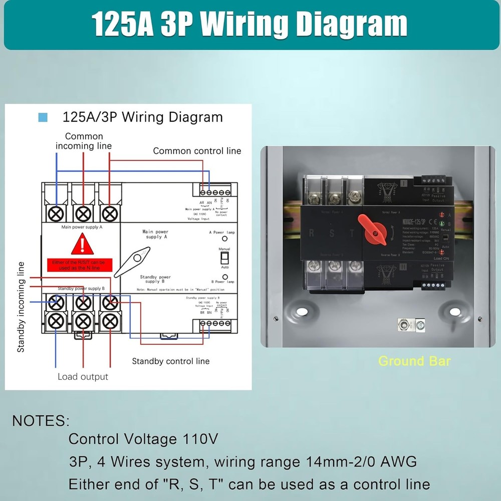 Automatic Transfer Switch, 125 Amp 3 Pole Auto Transfer Switch for Home Generato