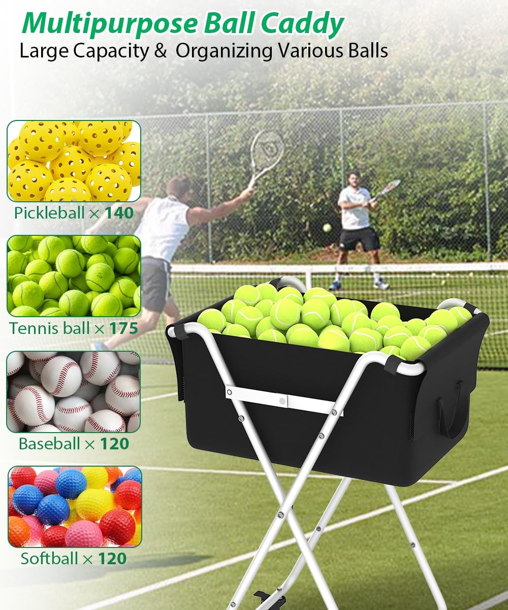 Ardier Foldable Tennis Ball Hopper Cart with Wheels, Portable White