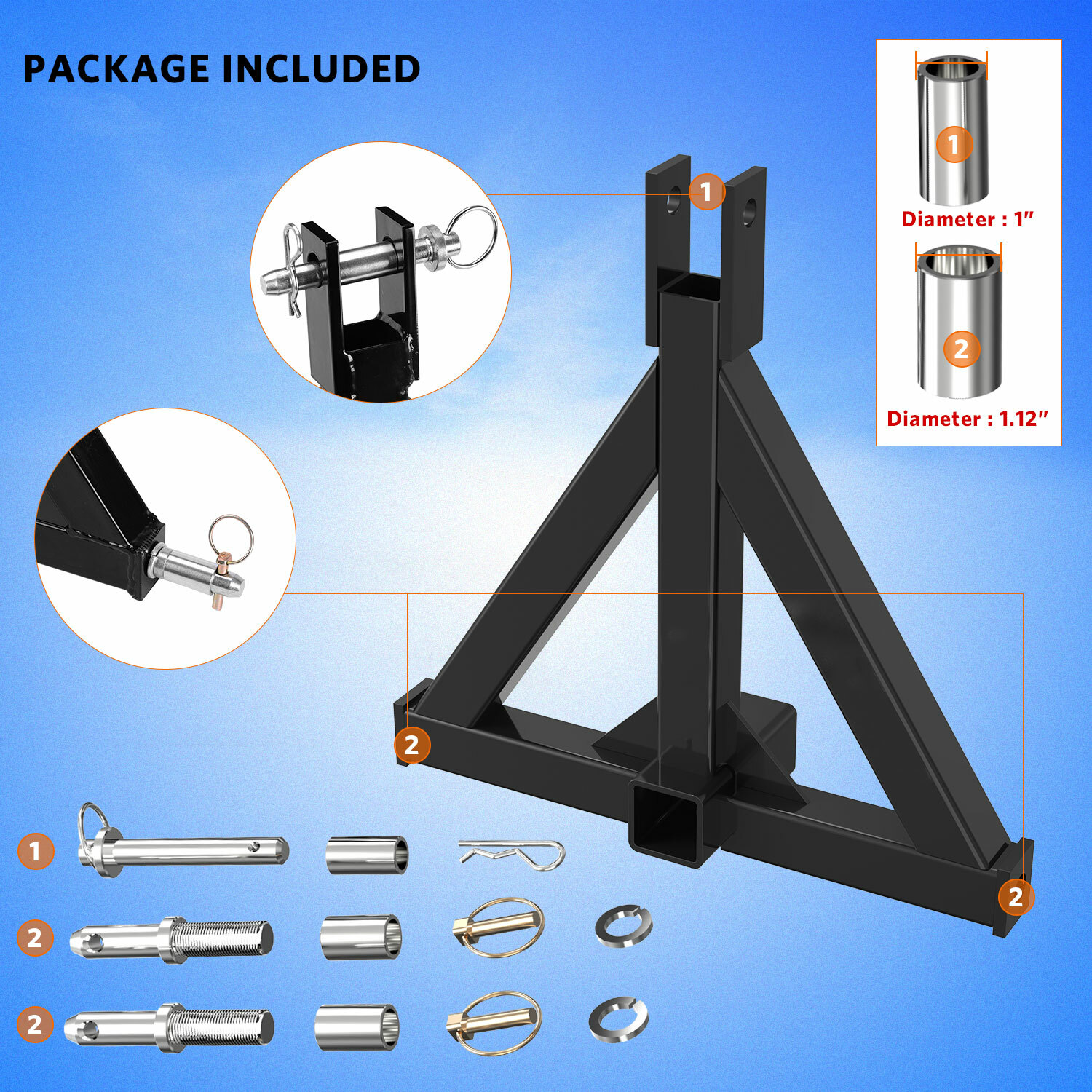 Category 1 Tractor 3 Point Hitch Receiver Tow Drawbar Heavy Duty Tube Steel