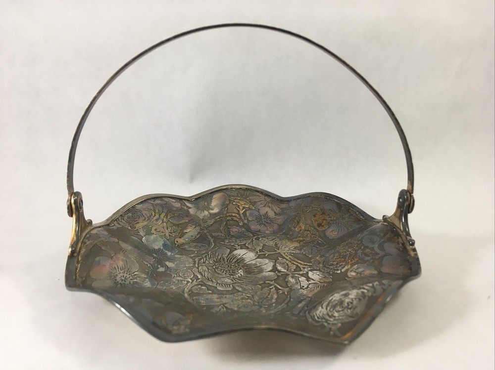 Tapestry Silverplate Floral Embossed Handled Basket Trinket Dish Display
