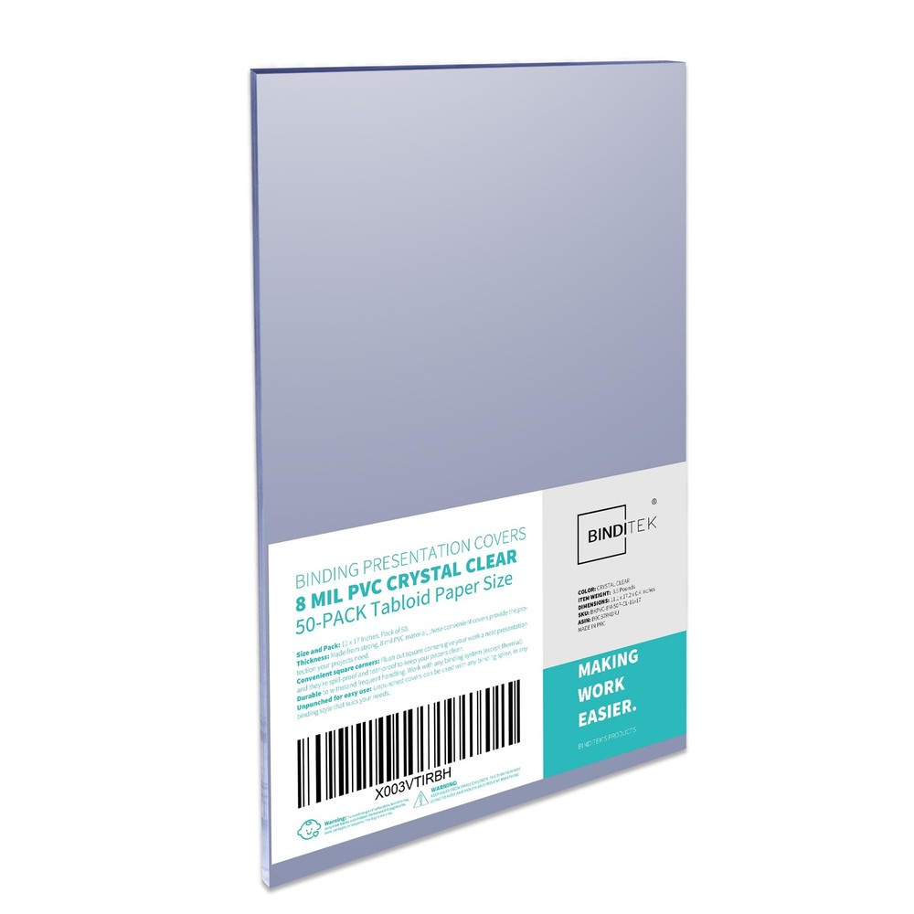 Binditek 50 Pack 8 Mil PVC Clear Binding Presentation Covers, 8 , 11"x17"