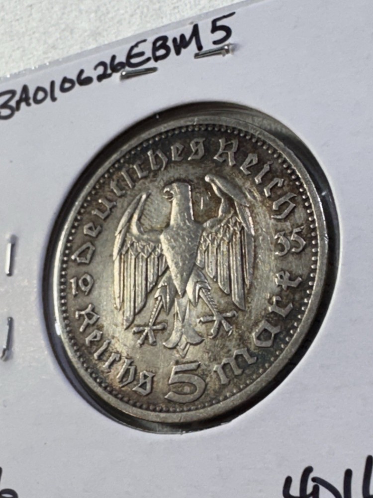 1935-A Germany 5 Marks Silver Coin Cleaned