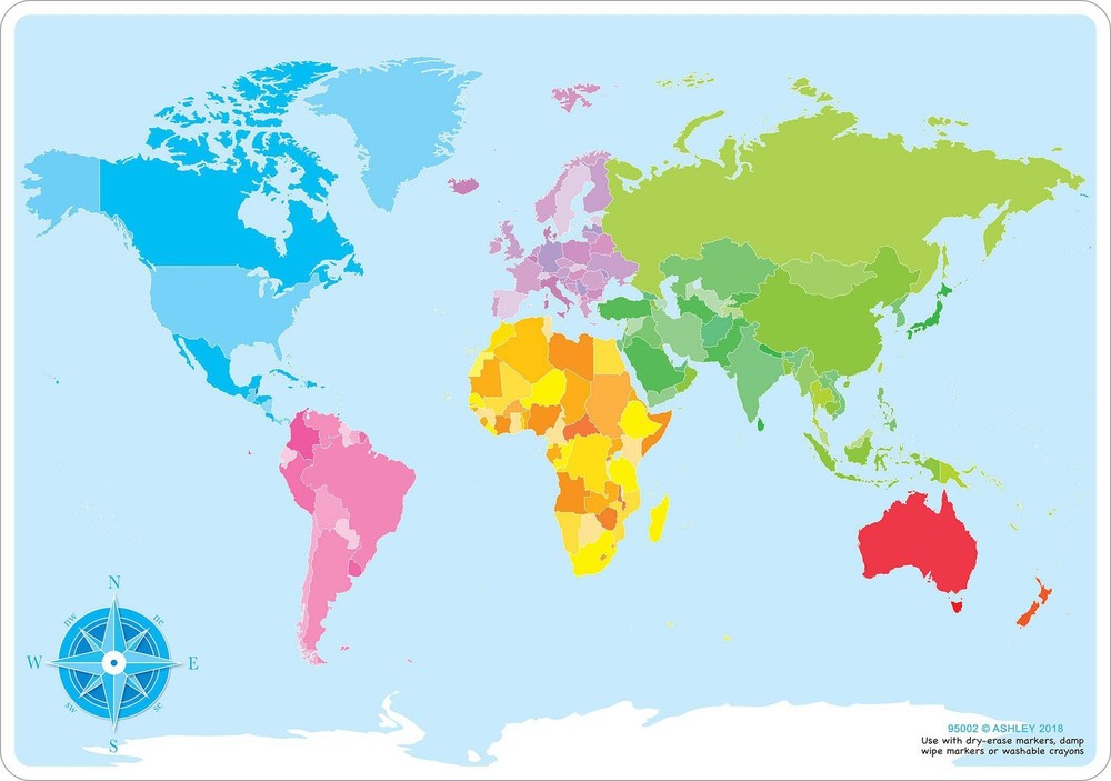 Ashley World Map Basic Smart Poly Learning Mat 13" x 19" (ASH95002)