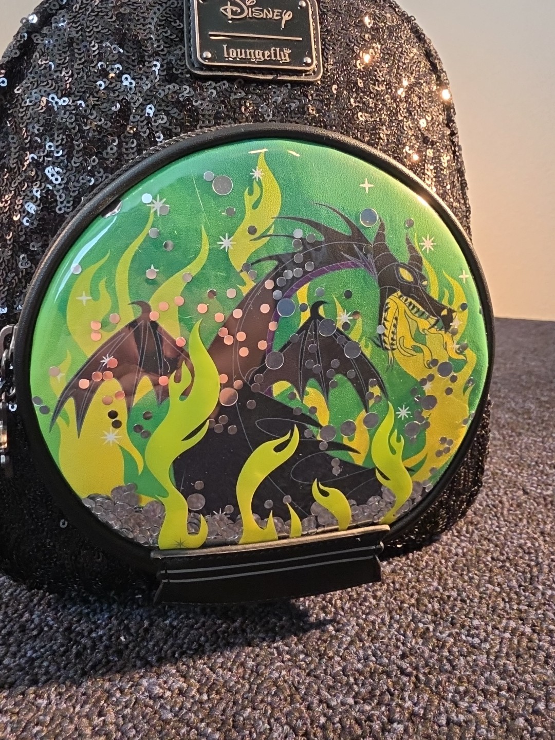 Loungefly Disney Villains Maleficent Dragon Sequin Snow Globe Mini Backpack