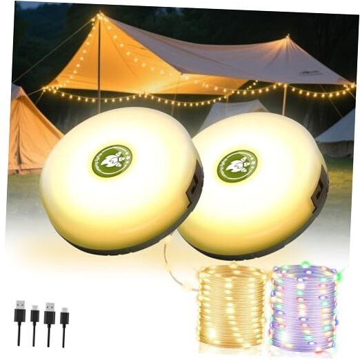 Camping String Lights, 4-in-1 Quick Storage Camp Light, 8Mode 32.8FT 2Pack