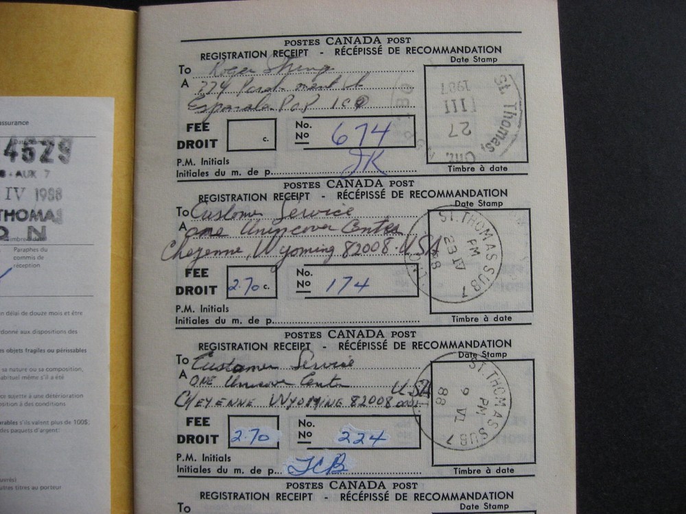 Canada registration receipt book St Thomas ON cancels