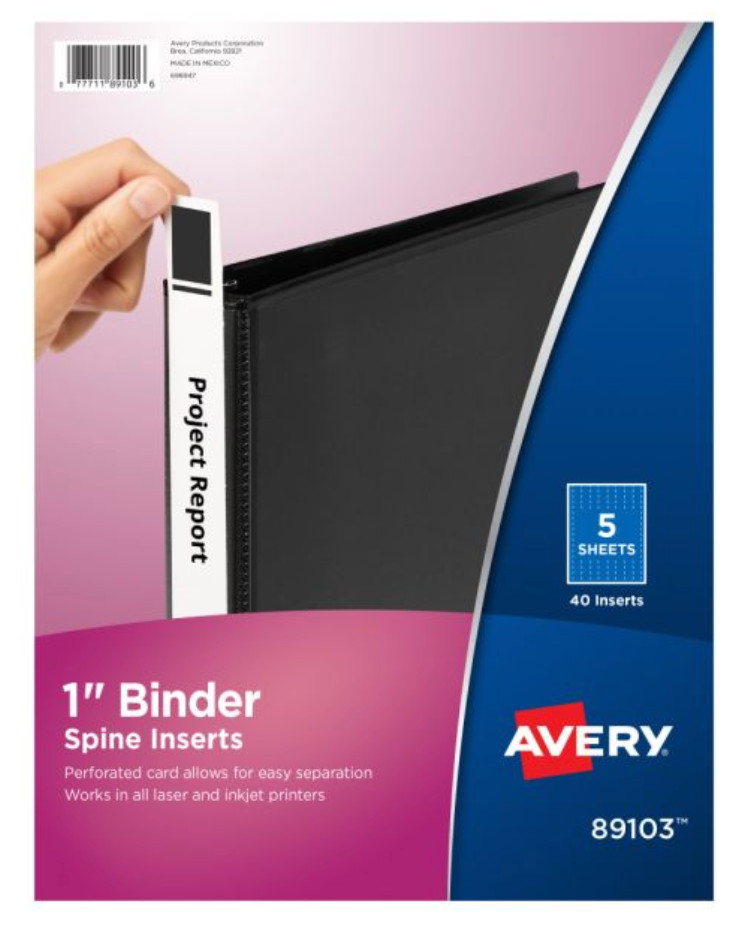Avery 89103 (1" Binder Spine Inserts) (5 Sheets - 40 Inserts) - NEW/SEALED