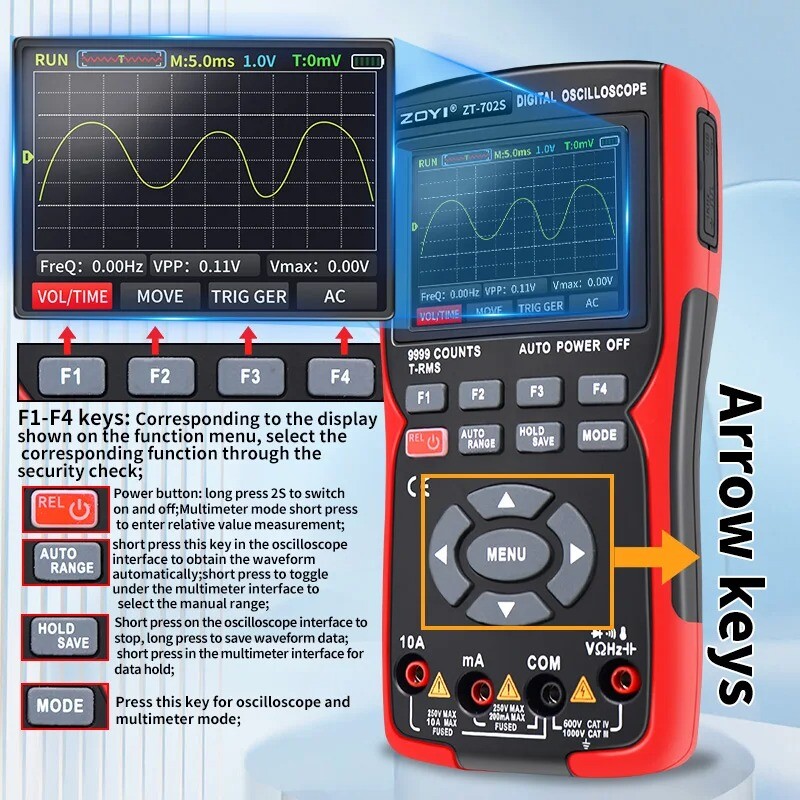 2 IN 1 Digital Oscilloscope Multimeter 9999 Counts 48M/S Waveform Data Storage