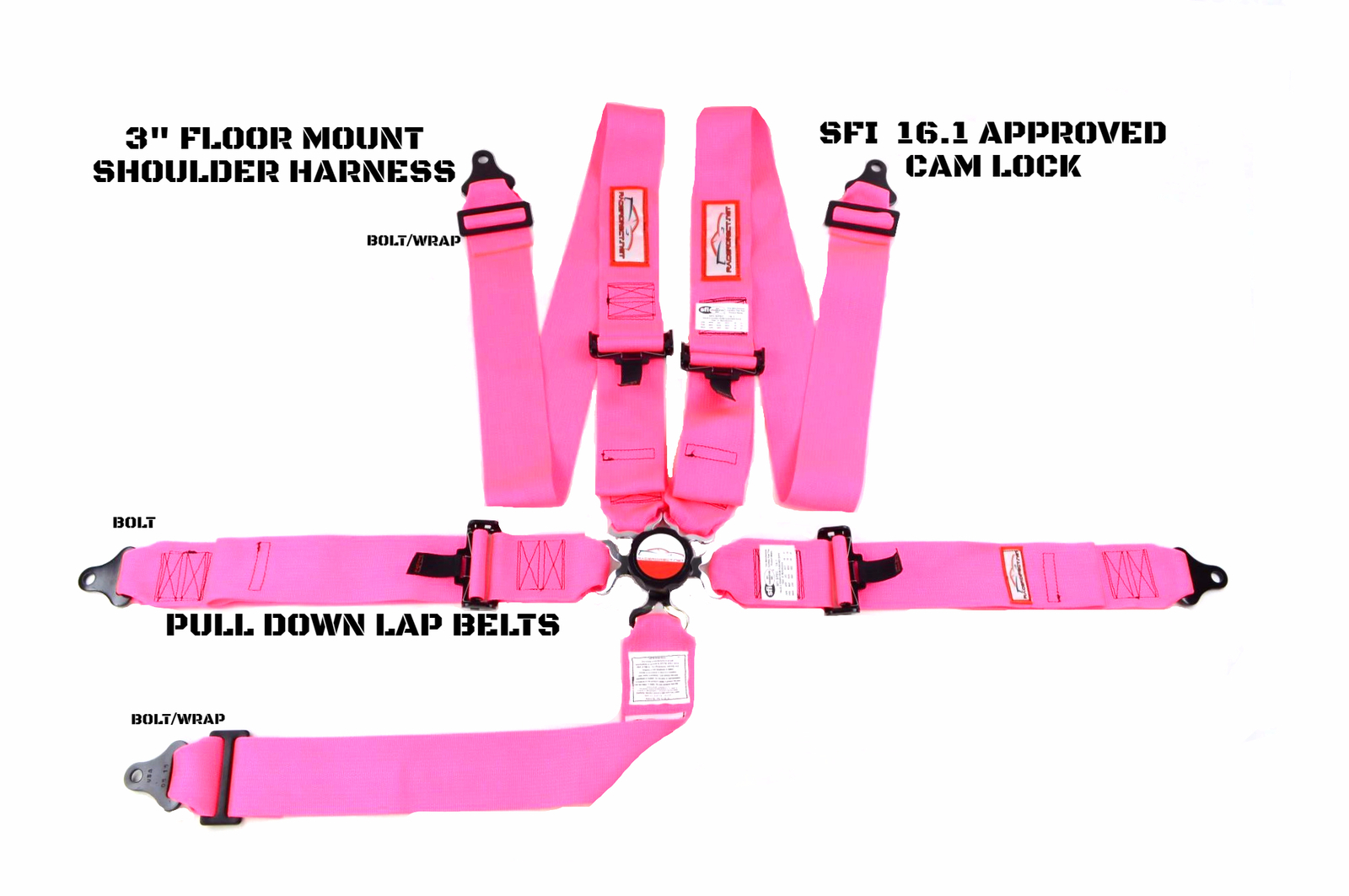 SFI 16.1 HOT PINK CAM LOCK 5 PT RACING HARNESS FLOOR MOUNT SIGNATURE SERIES