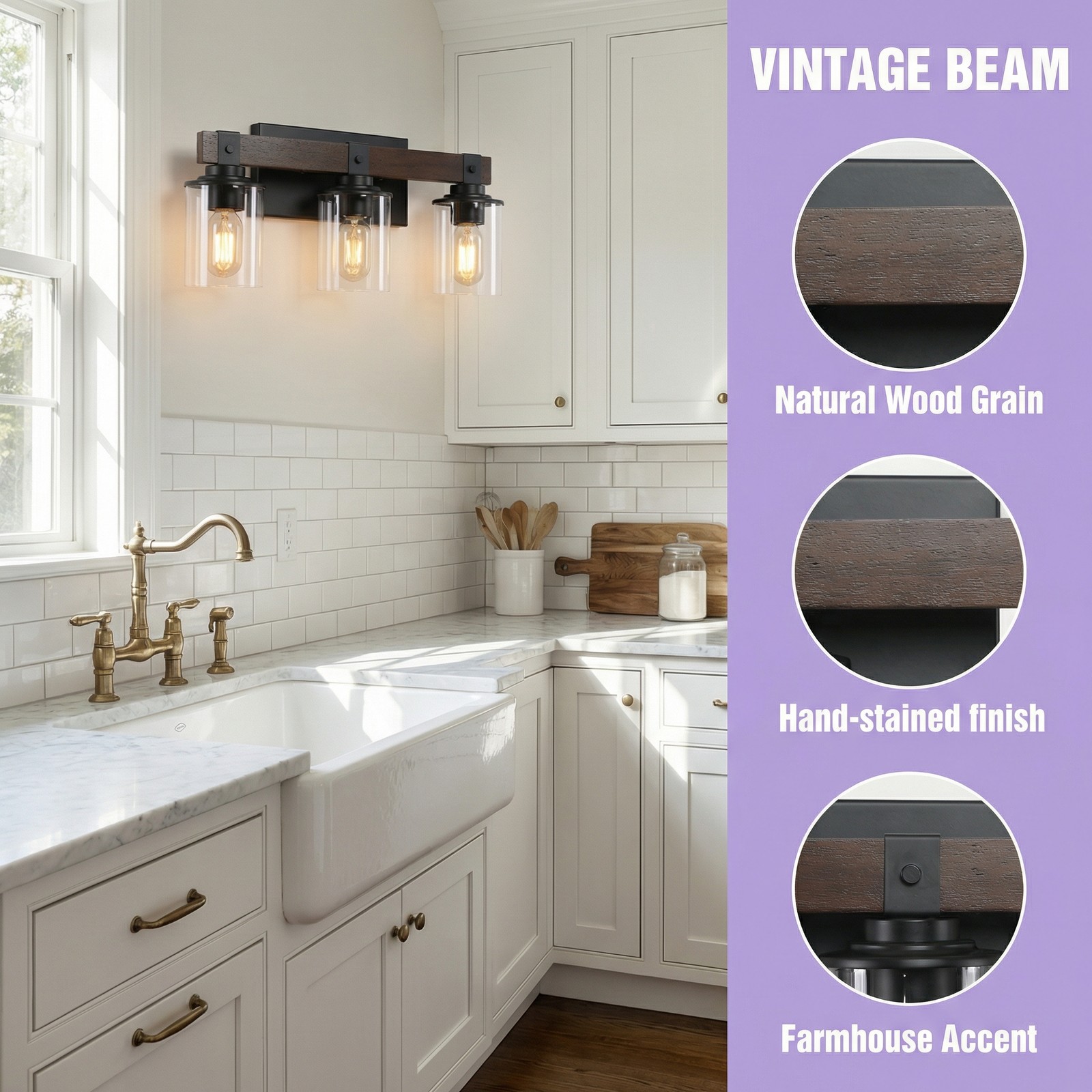 19" Vintage Vanity Light Bathroom Mirror Wall Lamp 3 Lights Rustic Wood Fixture