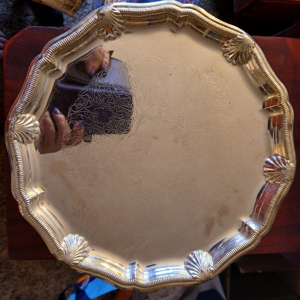 Silver Plate Ornate Tray with Shell Motif, Pedestal Base, and Footed Design