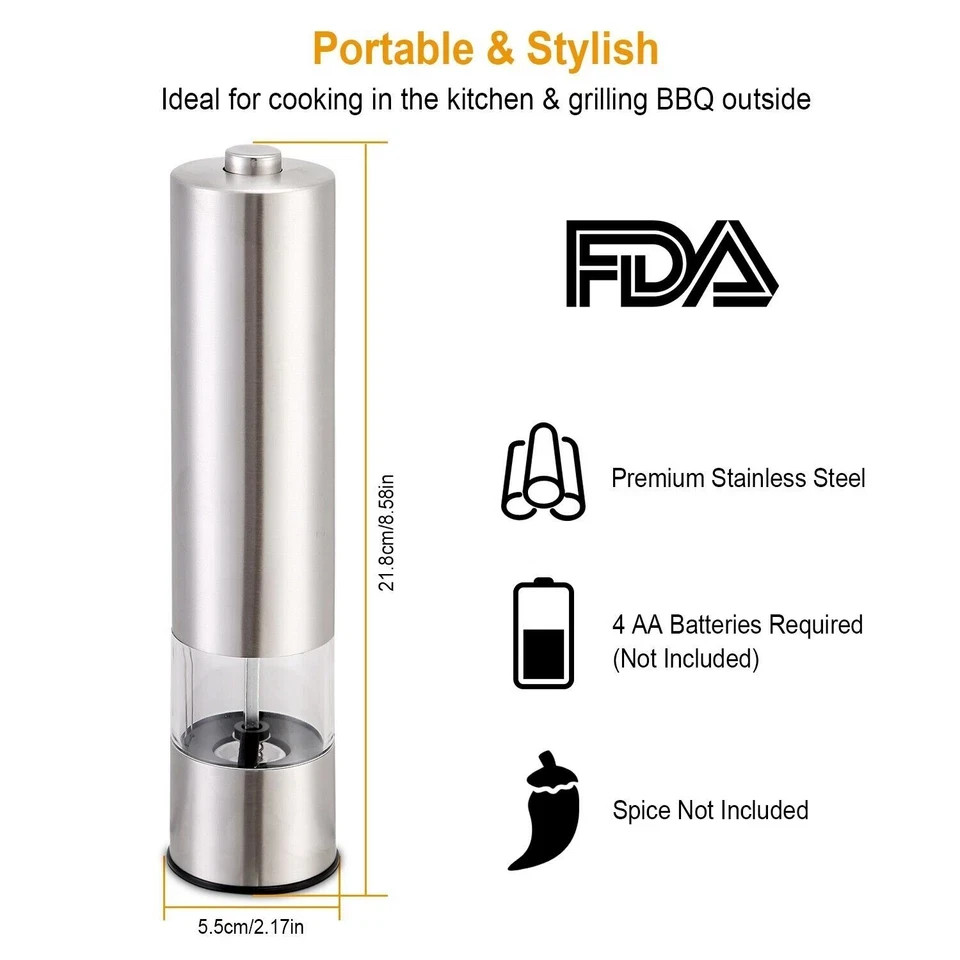 Adjustable Electric Salt Pepper Grinder Mill Shakers Set Stainless Steel (2PACK)