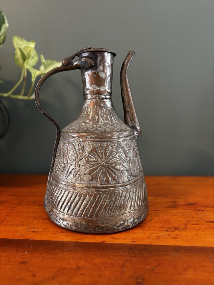 Antique Middle Eastern Hand Hammered Tinned Copper Ewer
