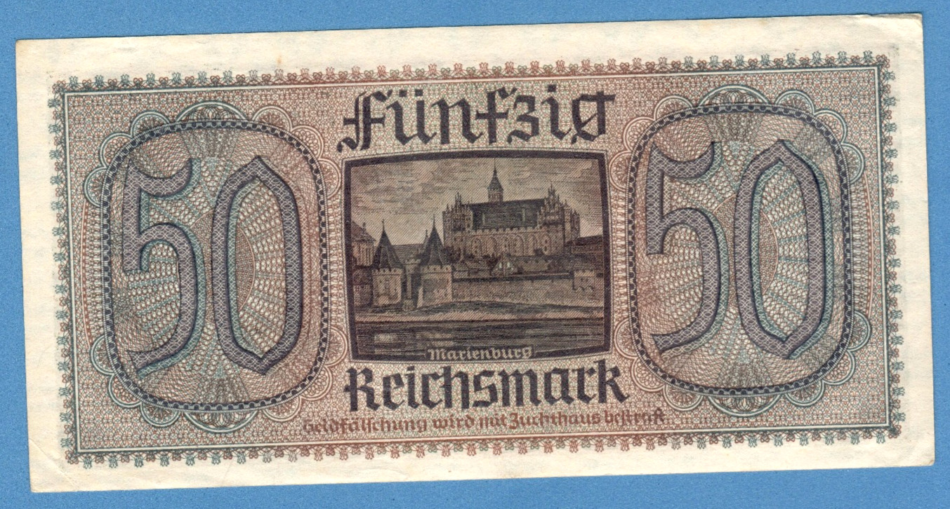 1940-45 GERMANY OCCUPIED TERRITORIES 50 RM EAGLE W/H SWASTIKA aUNC 1438