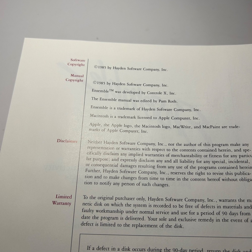 Ensemble for Macintosh Controle X Hayden Software 1985 3.5" Floppy Disk