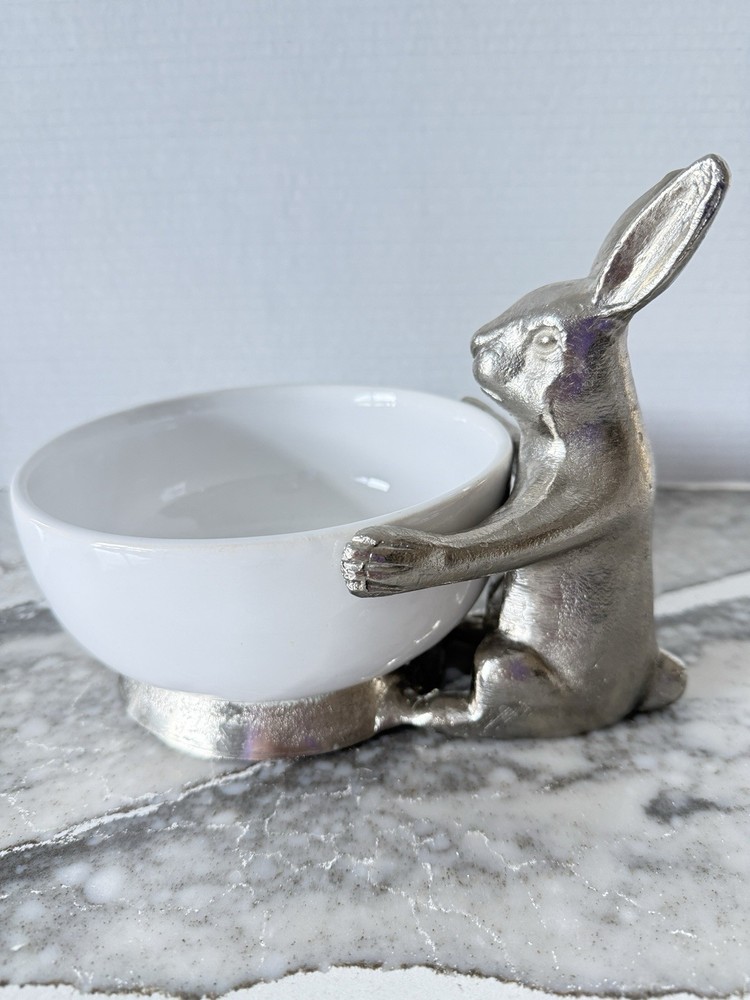 Objects d'Arts~Metal Silver Easter Bunny Rabbit~Candy Serving Bowl/Decor 6.25"