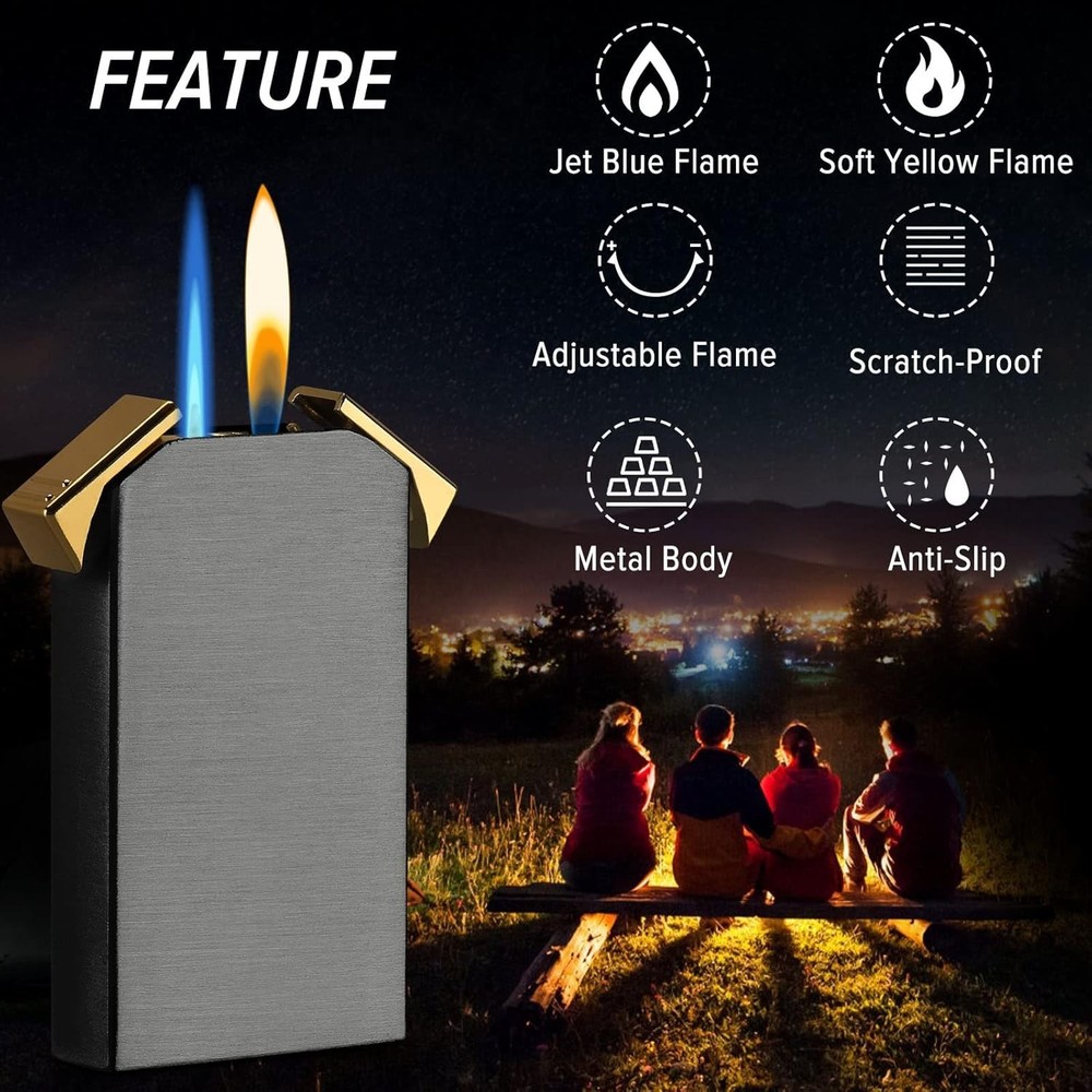 Dual Flame Lighter - Switchable Torch & Soft Flame, Refillable Butane, Cool Pipe