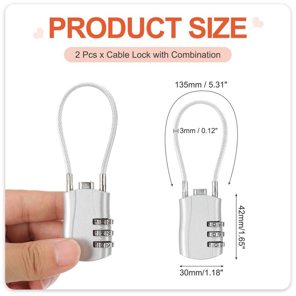 2 Pcs 3 Digit Luggage Cable Combination Lock with 5" Long Cable, Silver
