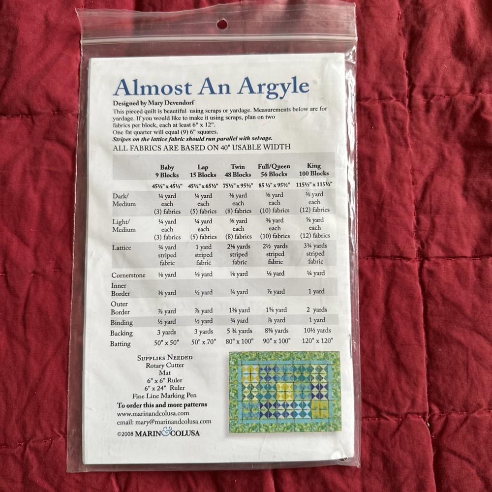 MARY DEVENDORF "ALMOST AN ARGYLE" FOLK QUILT SEWING PATTERN VARIOUS SIZES