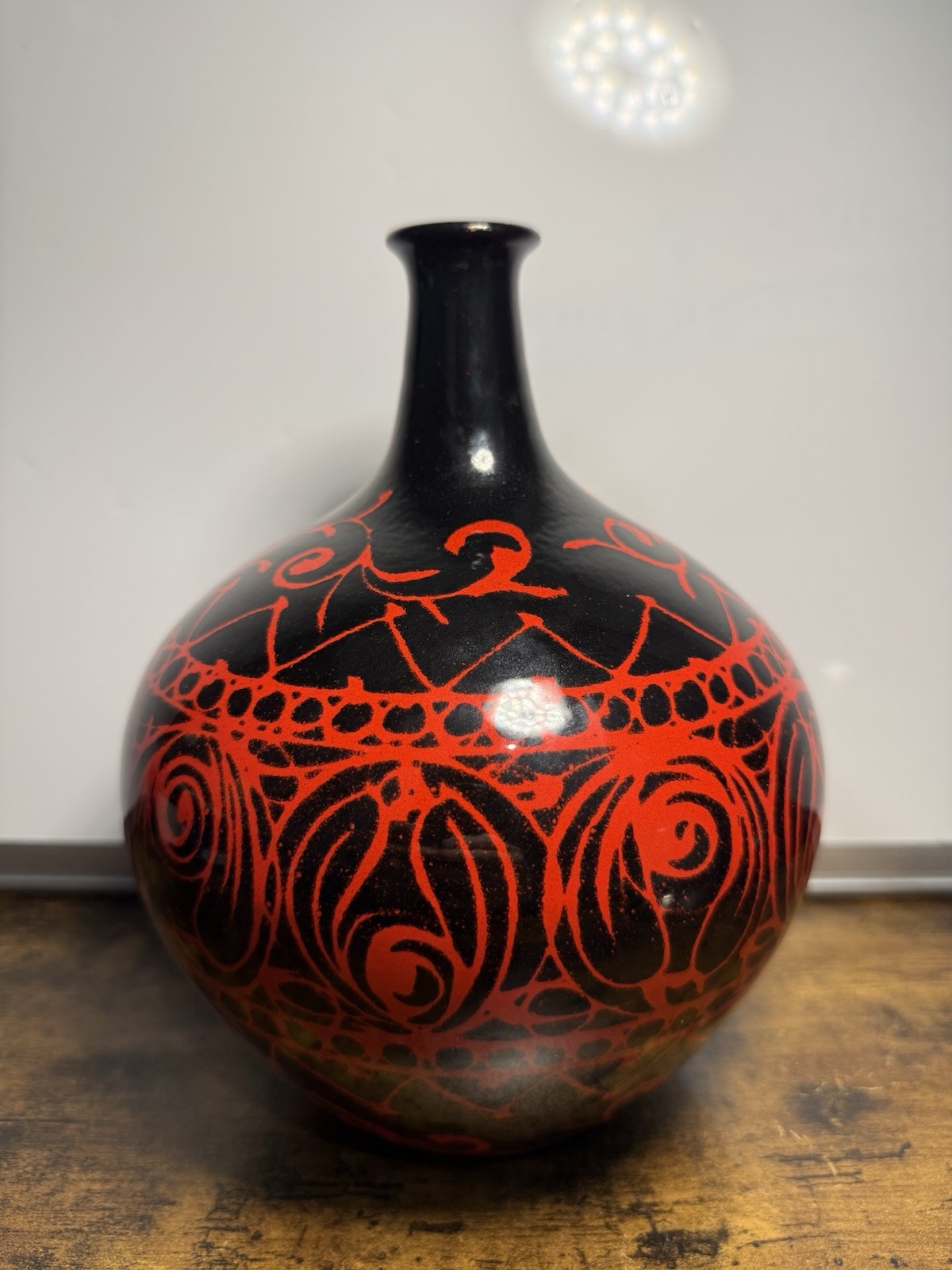 Vintage MCM Raymor Italy Pottery Vase Red & Black Beautiful Pattern MCM - Rare!