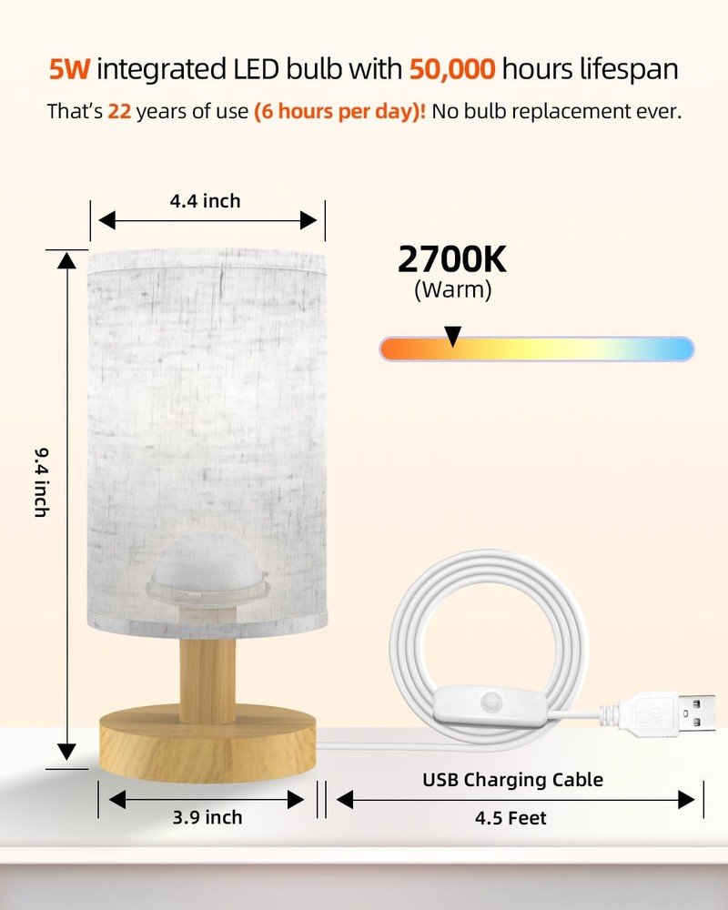 Small Table Lamp for Bedroom - Inline Control, Bedside Lamp for Warm Light LE...