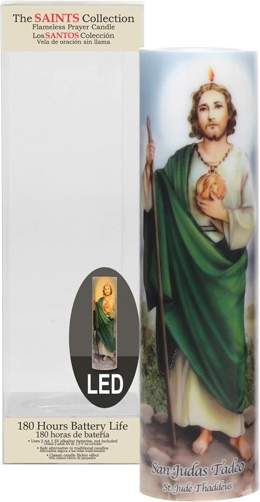 Flameless LED St. Jude Prayer Candle: Automatic Timer for Safe Indoor Use