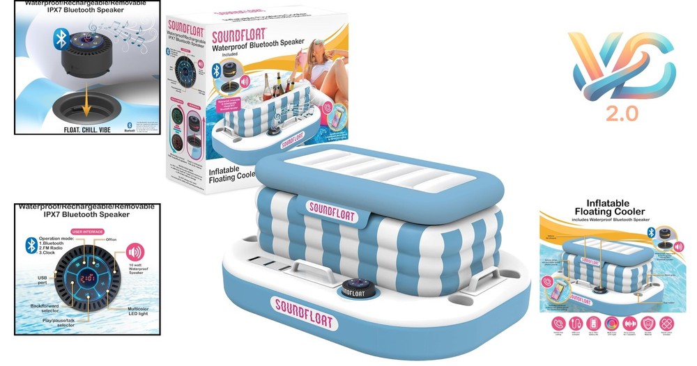 Inflatable Cooler with Bluetooth Speaker 24 Can Floatable Pool Bar Blue White
