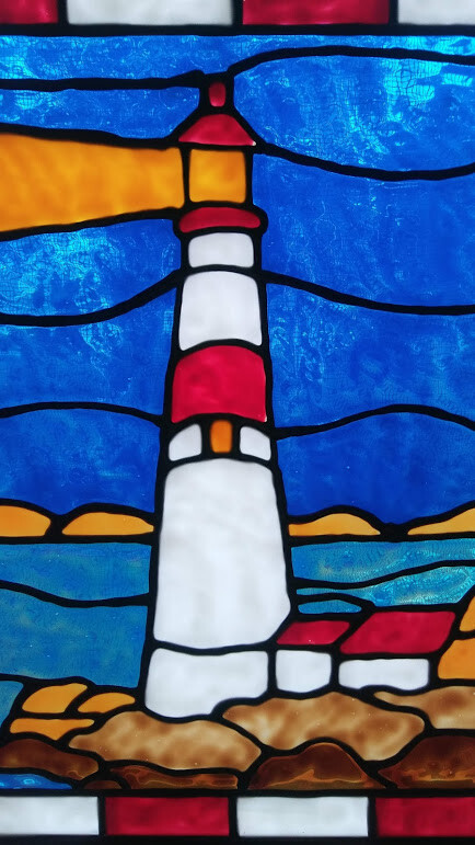 Lighthouse Nighttime Stained Glass Window Panel Hand Painted