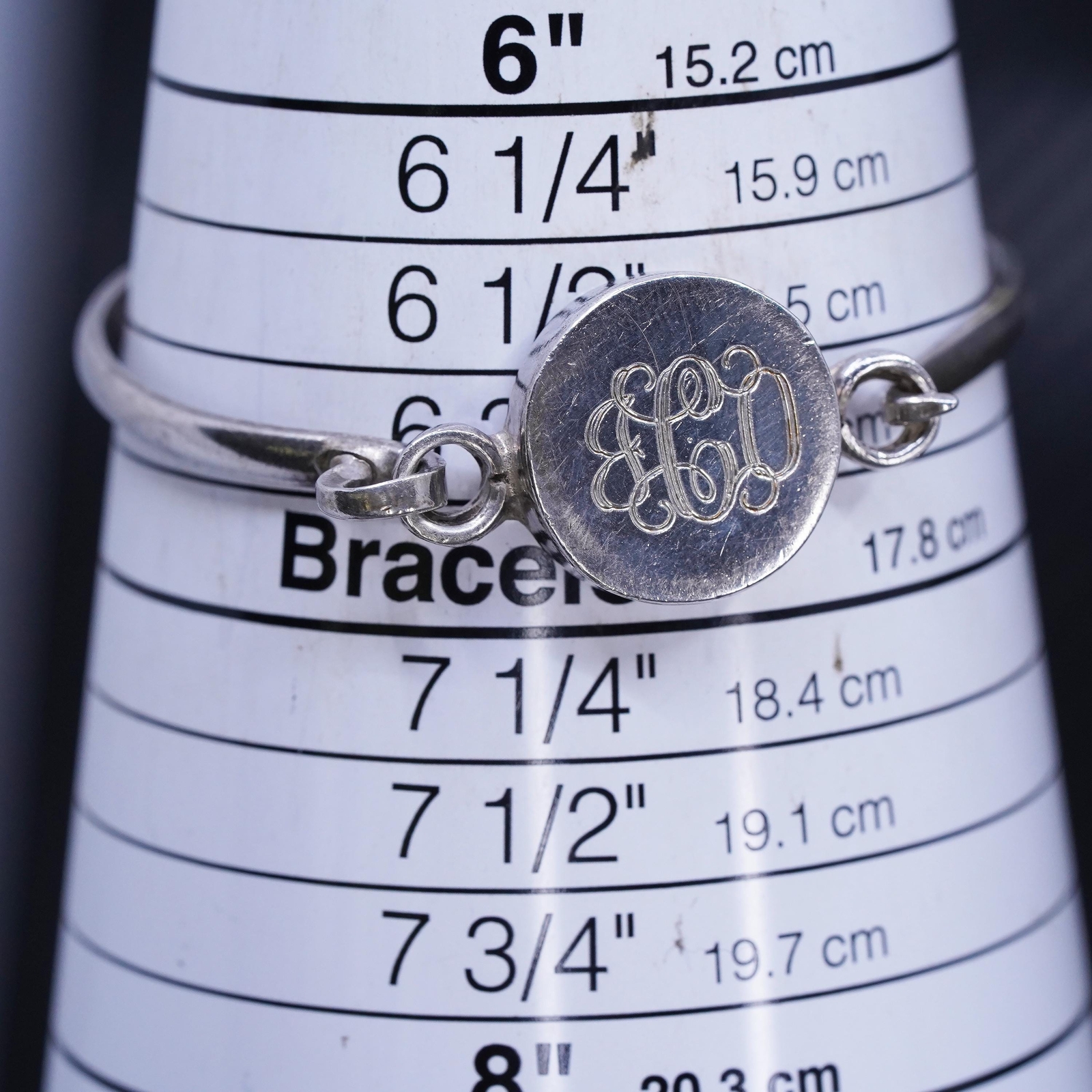 6.75”, Mexican sterling silver 925 hinged bangle, bracelet with monogram “GCO"