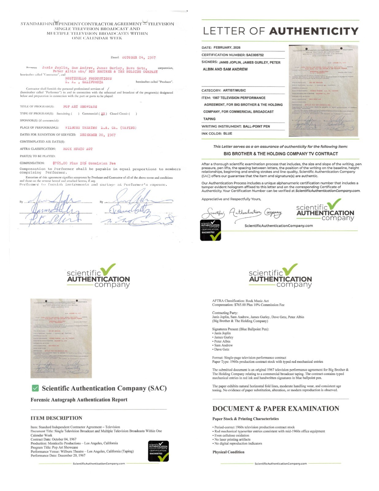 Janis Joplin Signed Contract Andrew Gurley Getz Albin - Big Brother & Holding Co