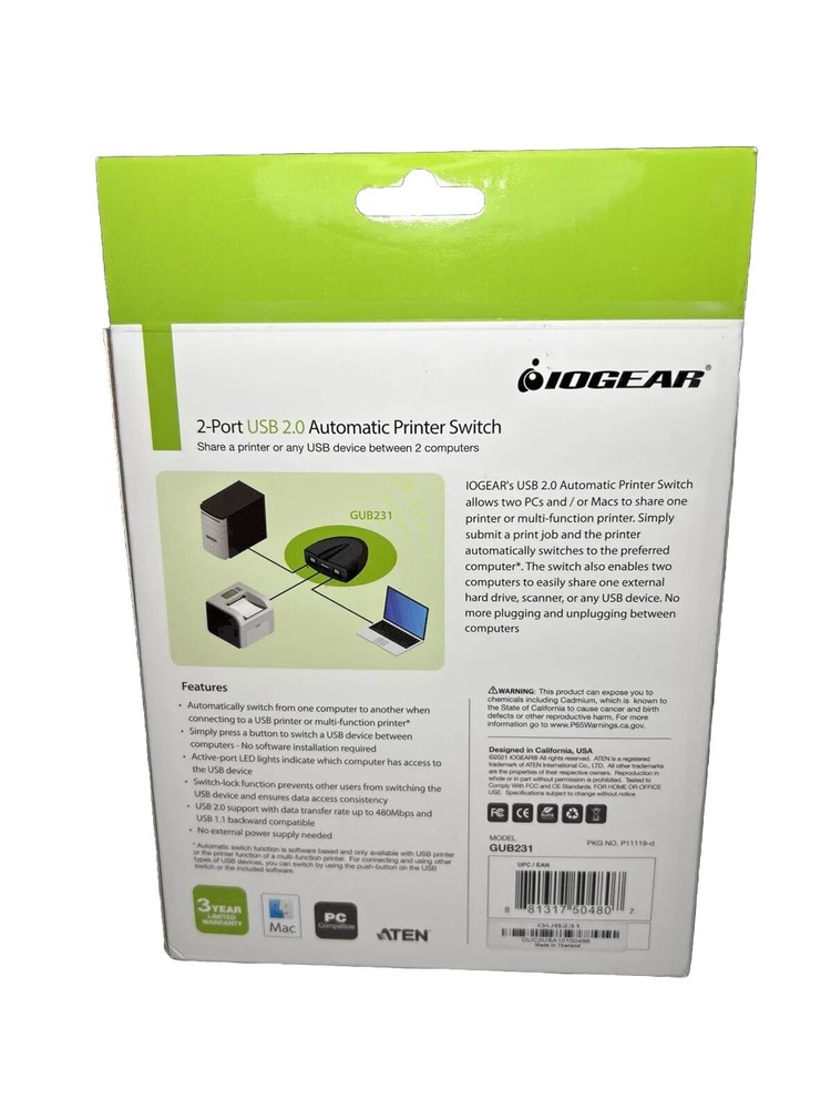 IOGEAR 2-Port USB 2.0 Automatic Printer Switch Model GUB231 - PC/MAC Compatible