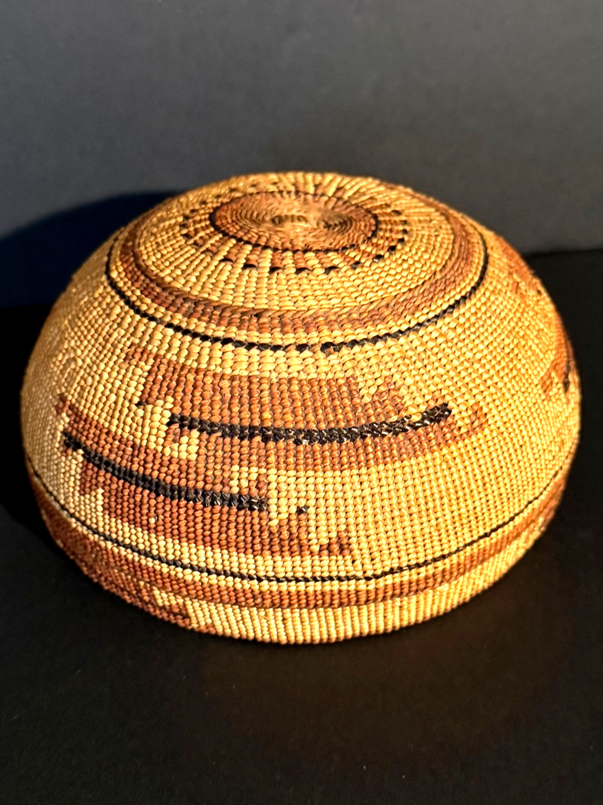 EXTRAORDINARY HUPA FANCY CAP BASKET, BEAR GRASS & FERN OVERLAY, C1890, EXCELLENT