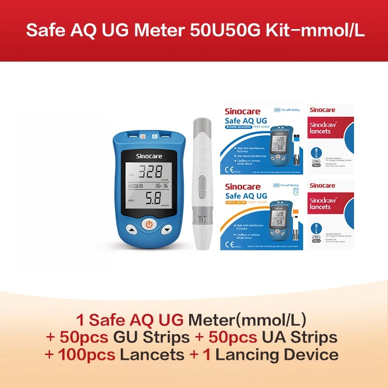 Safe AQ UG Dual Glucose & Uric Acid Meter - Monitor 2-in-1 with 100 Strips