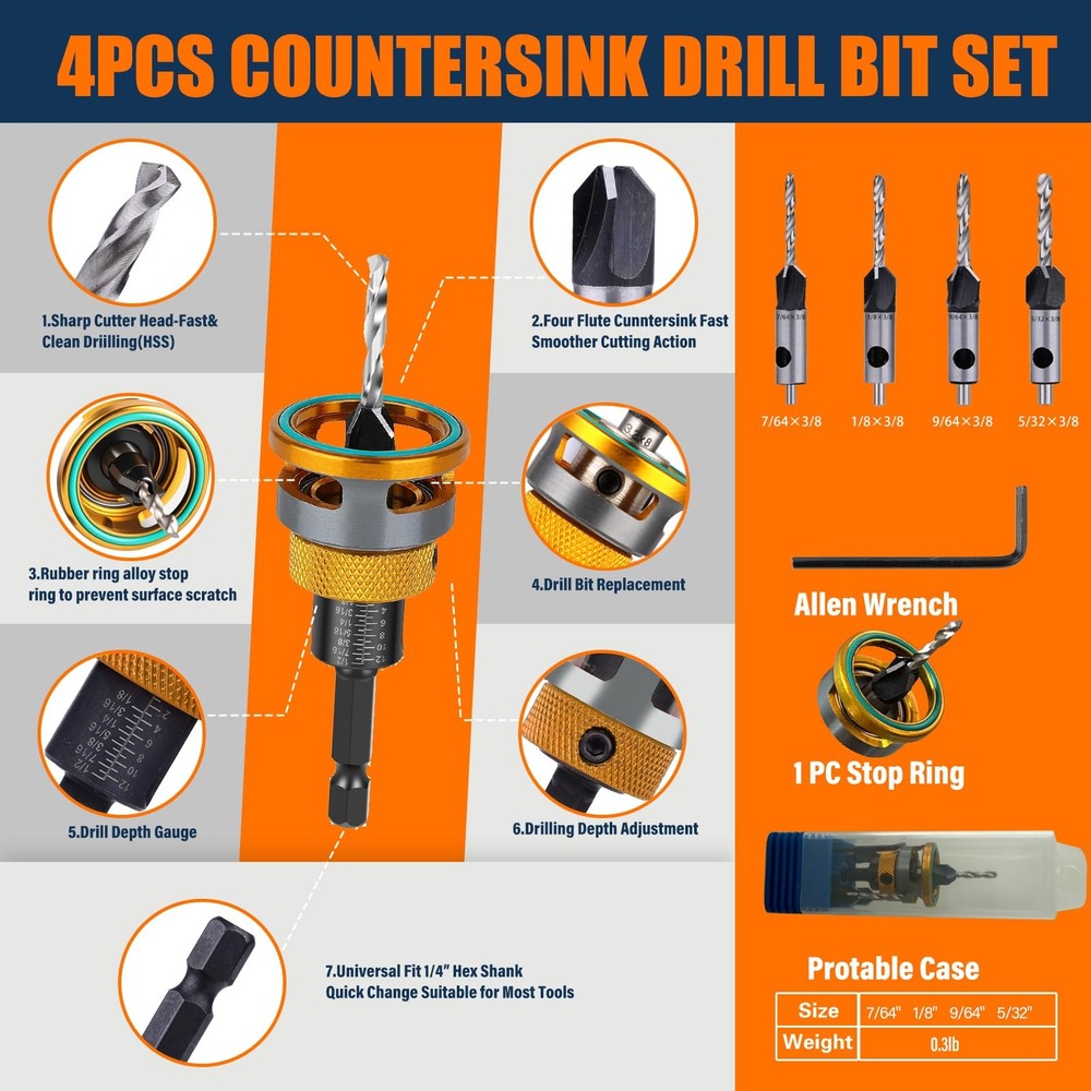 Countersink Drill Bit Set with Depth Stop 4PCS, HCS Four Blades Countersink...