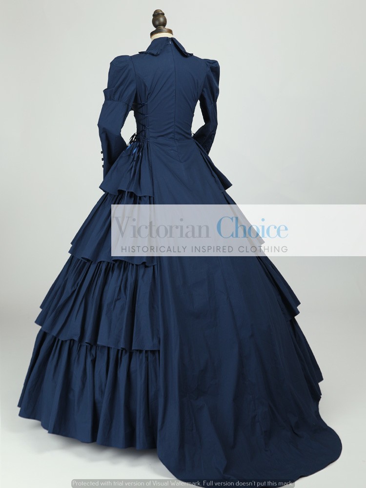 Blue Victorian Gothic Maid Mourning Dress Steampunk Witch Halloween Costume 007