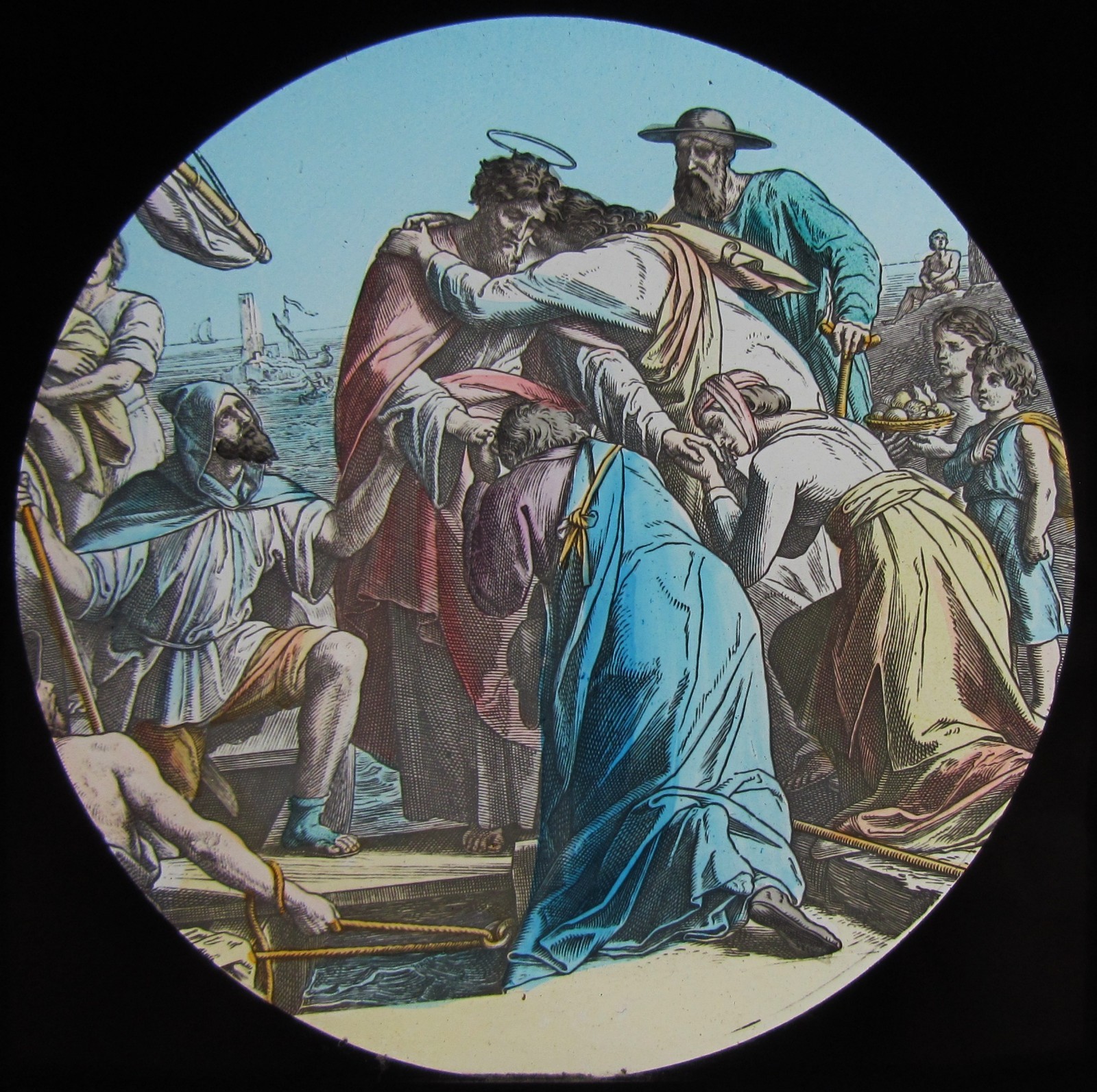 COLOUR Glass Magic Lantern Slide GROUP WITH ST PAUL ? C1890 RELIGIOUS DRAWING